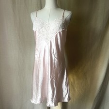 Vintage Val Mode Pink Satin Lace Nightgown Slip Dress M Made in USA