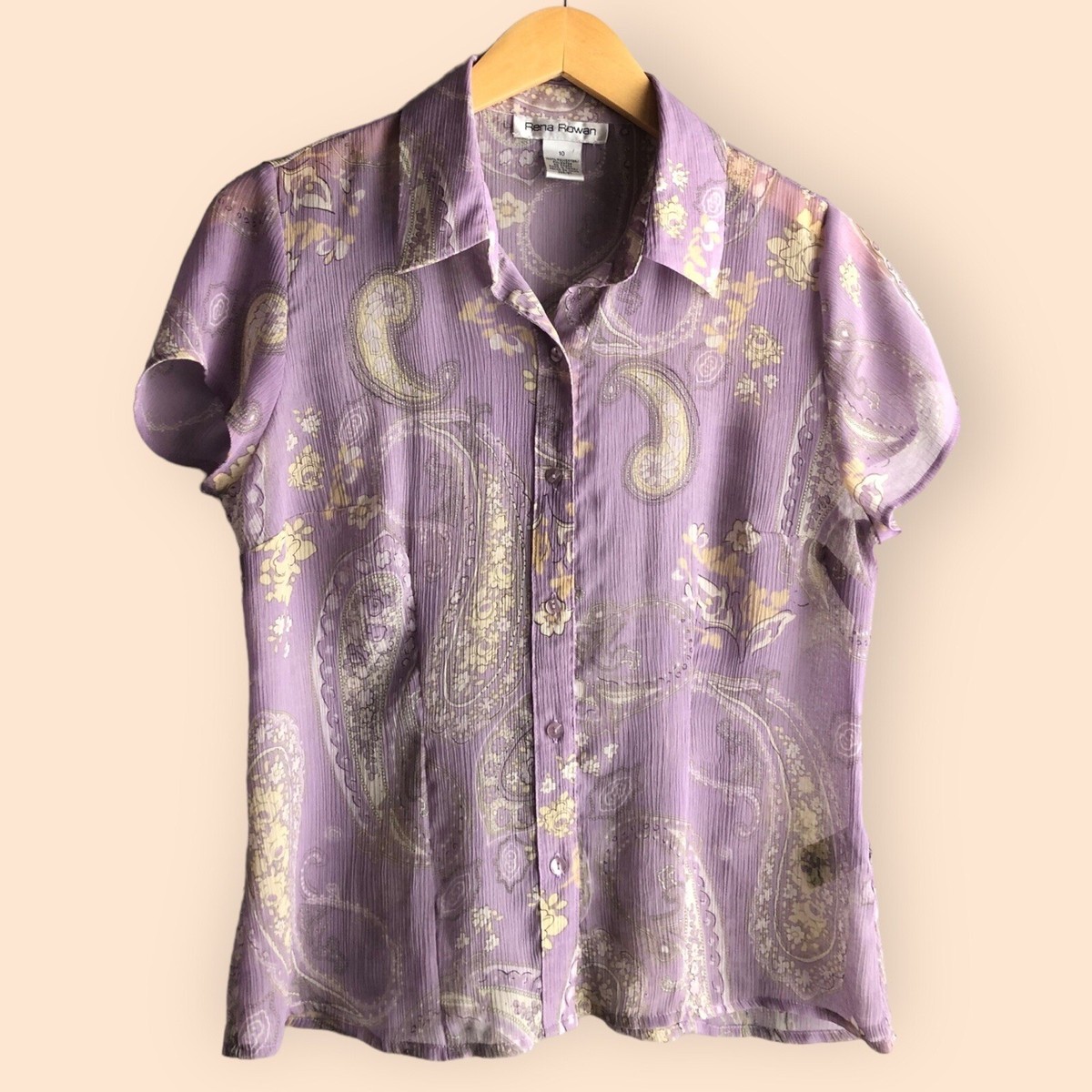 Vintage 90s Rena Rowan Sheer Purple Paisley Floral Casual Button 