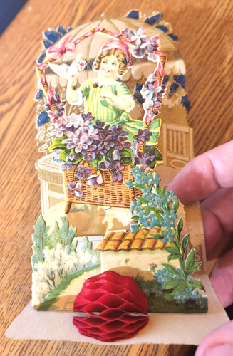 3 D Pop Up Vintage Valentines Day Card 1920's-30's Honeycomb 6.75x3.5 Girl Dove - Picture 2 of 3