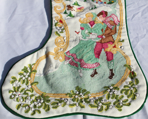 Petit Point Christmas Stocking Ice Skaters Green Velvet Beaded Handmade #D26 - Picture 6 of 7