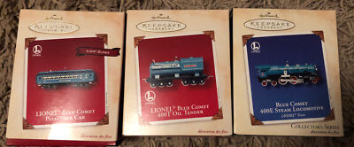 LIONEL Blue Comet 400E Locomotive, Passenger Car & Oil Tender Hallmark Ornaments