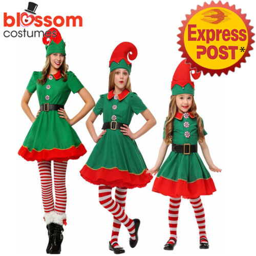 K477 Adult Kid Christmas Xmas Deluxe Elf Costume Santa Helper Dress Hat Stocking - Picture 1 of 5