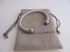 Authentic David Yurman Blue Topaz Classic Cable Bracelet 7mm Silver & 14K Gold
