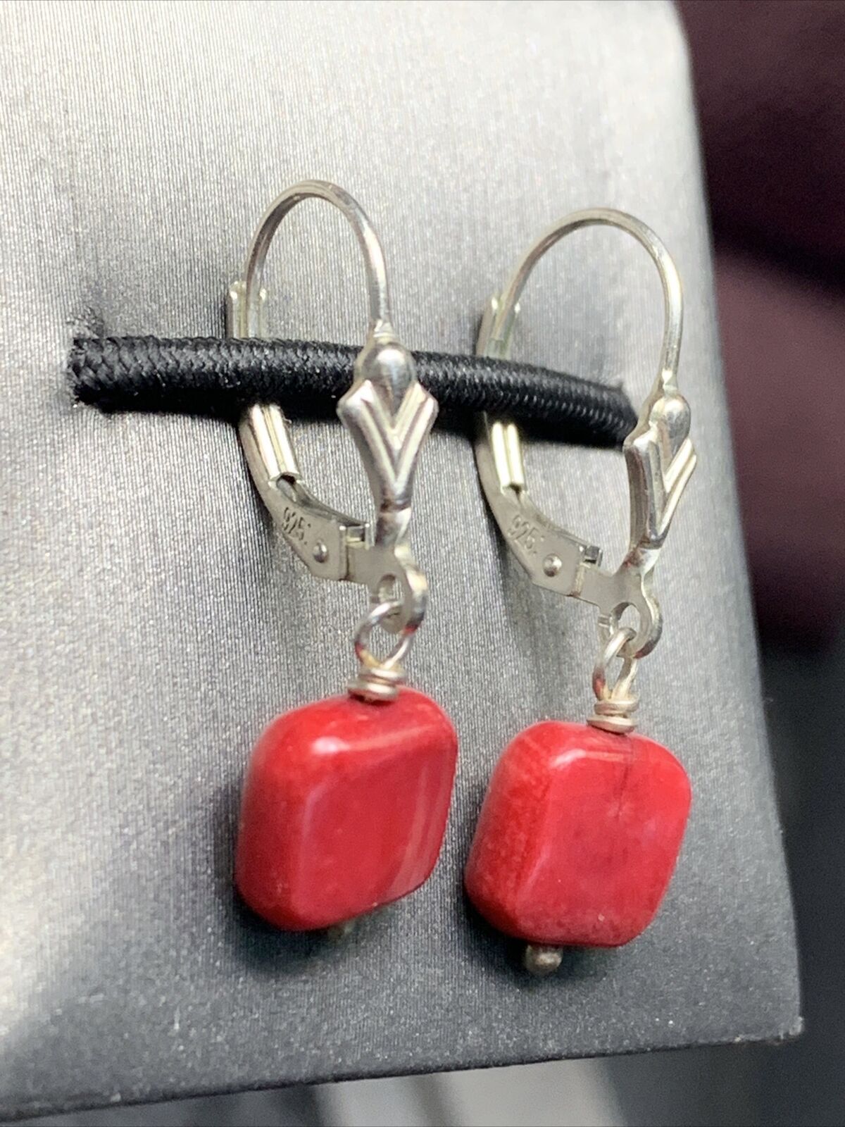 Vintage Red Sea Coral  Drop Dangle Sterling Silver 925 Pierced earrings