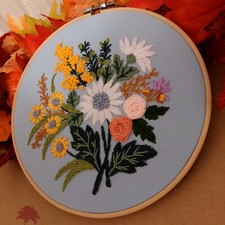 Handmade Floral Embroidery Wall Art Cotton Round 20cm Framed Home Decor