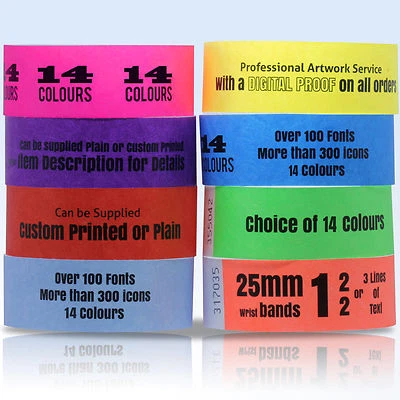 Plain & Custom Printed Tyvek Wristbands: 25mm - Parties & Identification