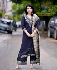 Khadi Cotton Women's Kurti Set Indian Bollywood Ethnic Kurta Pant Dupatta Set