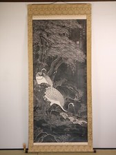 Japanese Hanging Scroll Ink Rubbing Cranes & Pine Trees KAKEJIKU By  Zhu Jiyi