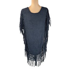 Soft Surroundings Poncho Swim Cover Black Open Knit Tassel Fringe Trim S/M
