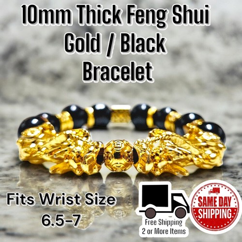 Feng Shui Heavy Gold Plated 10mm Square Gold & Black Bracelet Wrist Sz 6.5-7