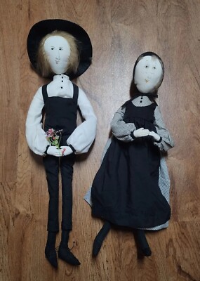 Vtg 1988 Artist  P. Buckley Moss Grandmother & Groom Man Amish Doll Pair Pilgrim