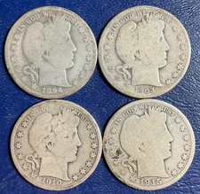 Set Lot 4 FOUR Barber Half Dollars 1894-O 1903-S 1910-S 1915-S silver Coins B356