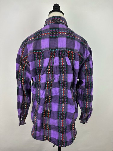 Vintage 90s Rainbow Heart Shirt WOMENS L Purple Buffalo Plaid Jacquard Western - Picture 8 of 15