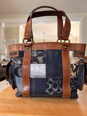 Vintage Coach 10002 Legacy Denim Patchwork Tote Whiskey Leather Y2K