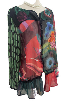Desigual Top Semi Sheer Multicolor Floral Blouse Button Front Long Sleeve L Xl