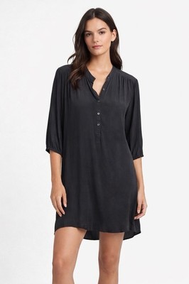 The Podolls Black Silk Dress V Neck Button Front Tunic Shift Silk Dress Size L
