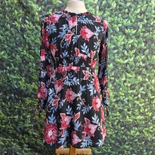 LOFT Petite Floral Long Sleeve Dress Black Red Smocked Waist Size 0P