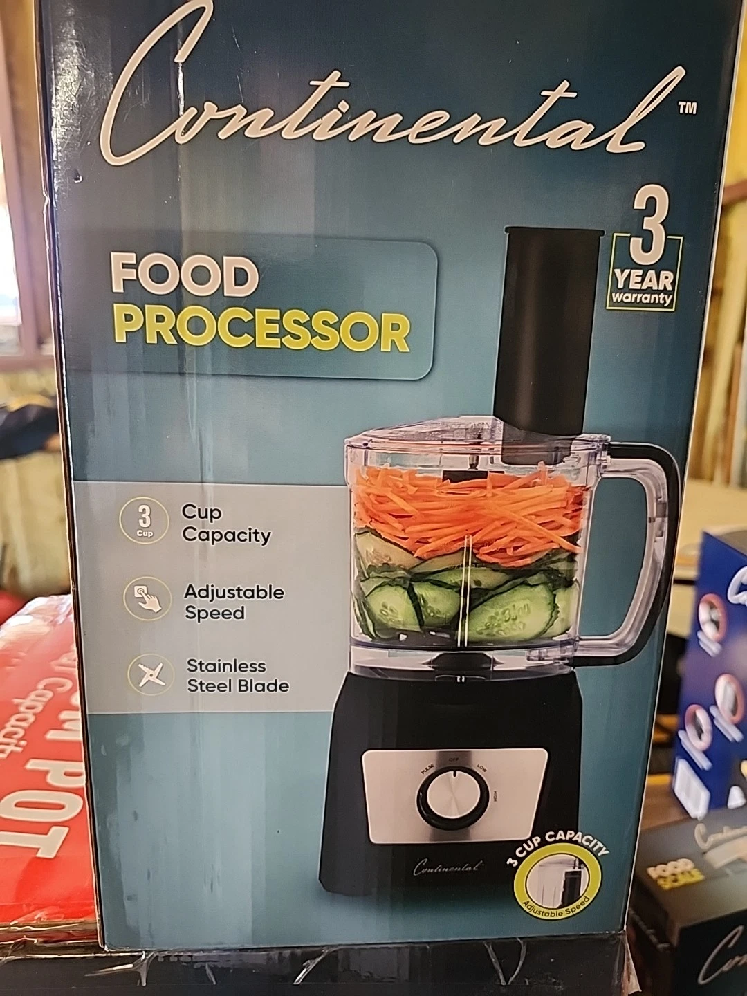 Continental 3 Cup Food Processor With Stainless Blades.