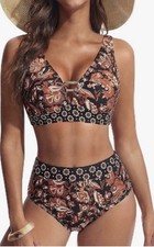 Hanna Nikole Women's High Waisted Bikini Black And Brown Floral Size M