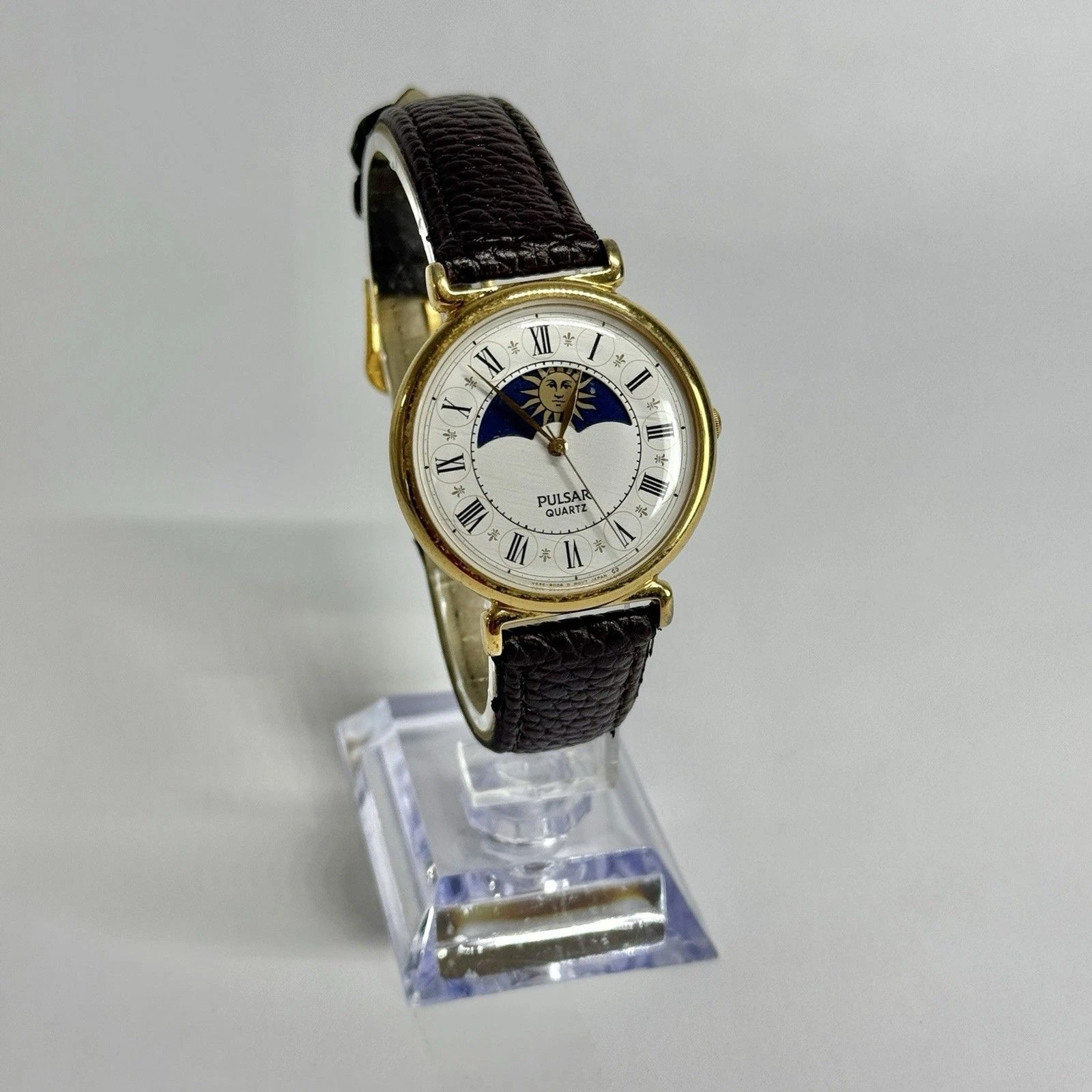 PULSAR “Da Vinci” Moonphase V535-8008 Gold Tone Men Vintage Watch W454 *WORKING