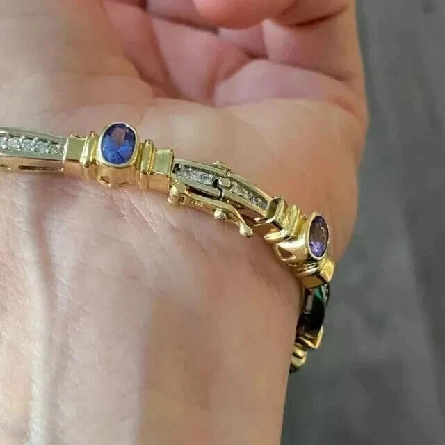 Pulseira de tênis feminina folheada a ouro amarelo 14K lab Created 5CT corte oval safira - Imagem 4 de 4