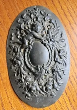 Victorian Art Nouveau Repousse Pressed Brass Wall or Furniture Medallion Cherub