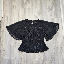 New Express Floral Burnout Flutter Sleeve Blouse Black Size XXS