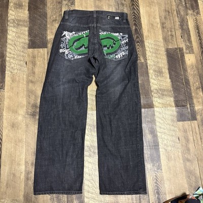 Vintage Ecko Unltd Black Green Rhino Y2K Baggy Denim Jeans 32x31