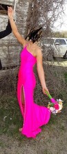 Pink One-Shoulder Formal Dress/ Prom Dress with Side Slit and Rhinestone Trim