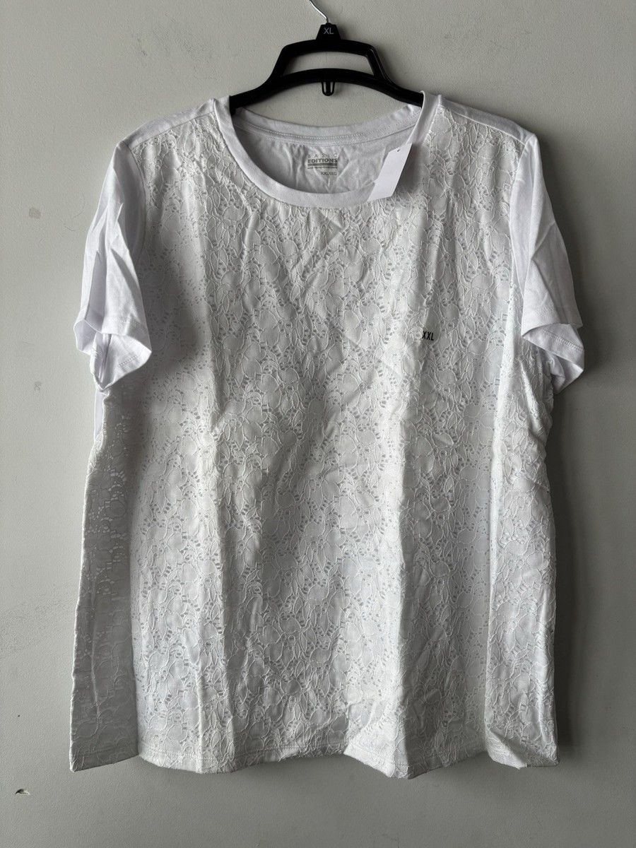 NWT Basic Editions Tee White Lace Front Short Sleeve XXL