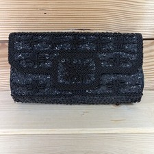 Vtg La Regale Beaded Purse Clutch Black Hand Made in Hong Kong Snap Closure