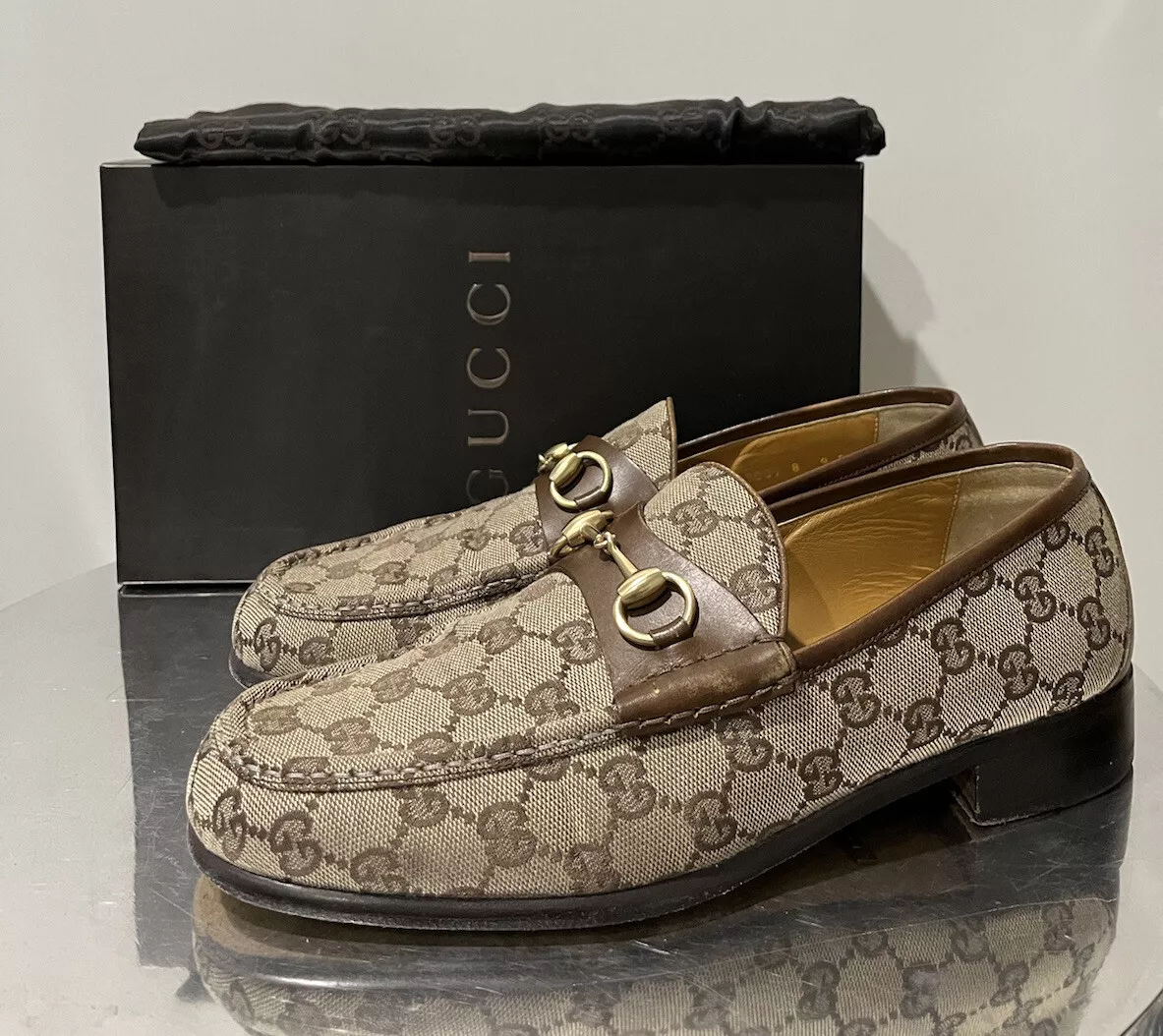 Massin homme Gucci cuir toile beige logo GG Guccissima mocassissima US 9 E RARE