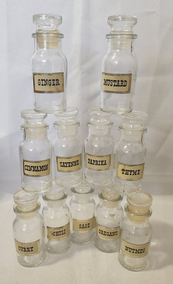 Vintage Apothecary Spice Jar Set Of 11 Glass Bottles And Tops
