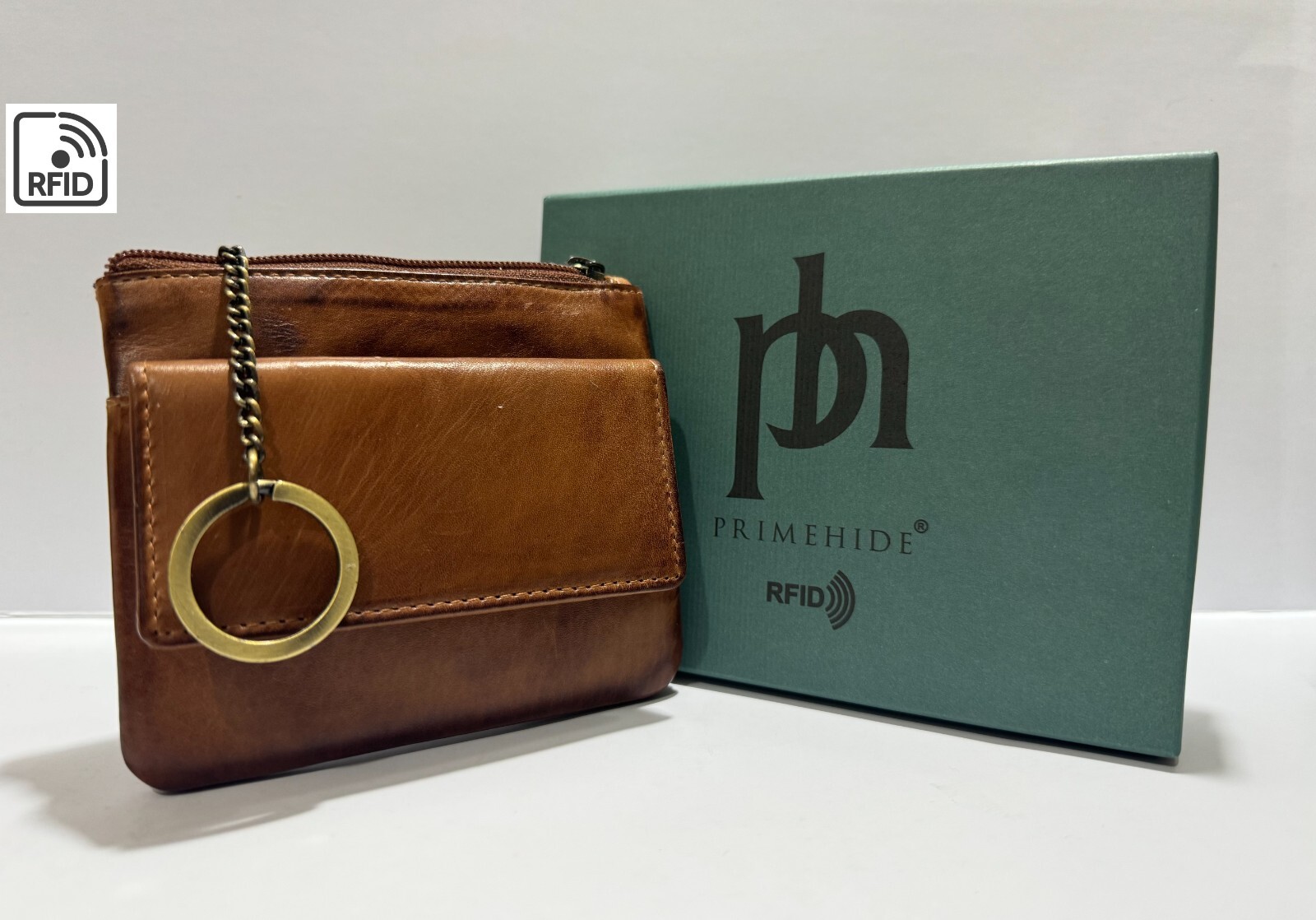 Prime Hide Ridgeback KEY RING Unisex Designer Brown Leather Coin Pouch Boxed