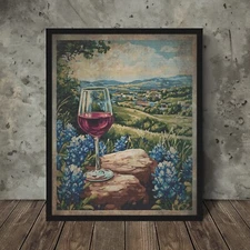 RED WINE BOTANICAL Wall Art, Wine Country Bluebonnet Poster, Vino Flower Decor