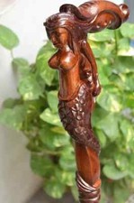 Vintage Mermaid handle Wooden Walking Stick Cane Carved handmade wood crafted