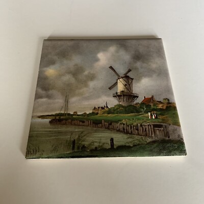 Vintage Ceramic Folk Art Tile Windmill Seaside  Countryside RAKO Czechoslovakia
