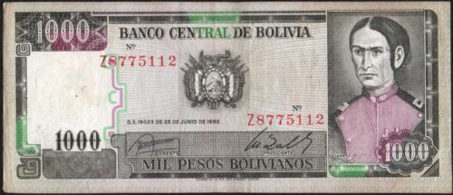 Bolivia 1000 Pesos bolivianos Z Prefix replacement note 1982, P-167 - Afbeelding 1 van 2
