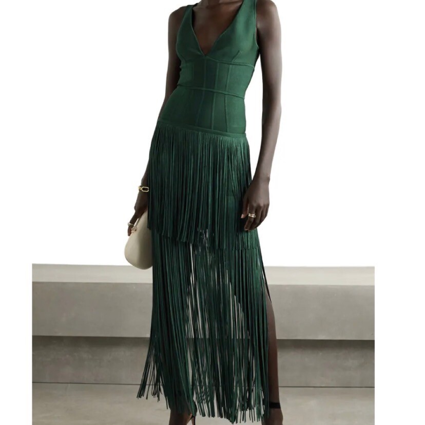 Herve Leger Green Fringed Bandage Gown Medium Viridian Dress