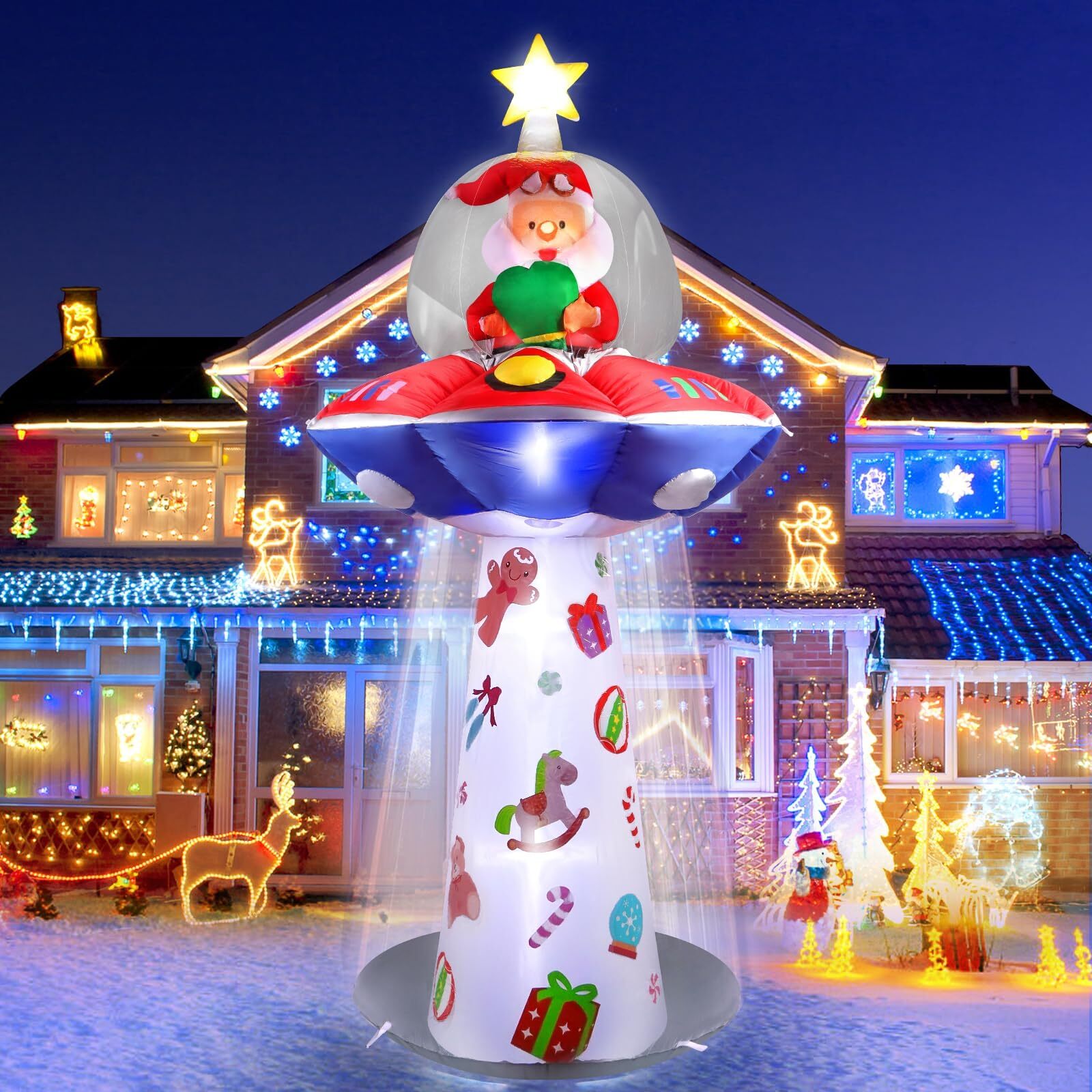 8FT Christmas Inflatables Outdoor Decoration with LED Light, UFO Christmas In...