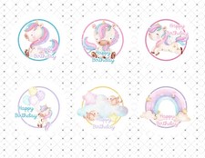 30 Happy Birthday Unicorns Stickers, Labels , Tags, Envelope Seals 1.5" Round