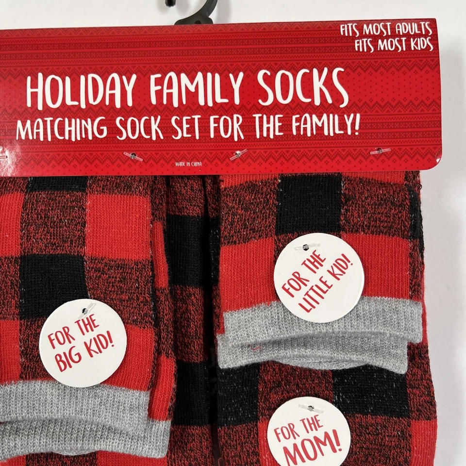 Juego de 4 pares de calcetines a juego Holiday Family Christmas Bear Family rojo negro a cuadros Foto 2 de 4