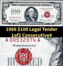HGR SUNDAY 1966 $100 RED (1of2 Consec# - RARE Consecs) Appears GEM UNCIRCULATED