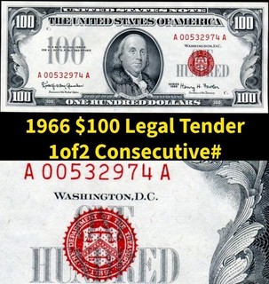 HGR SUNDAY 1966 $100 RED (1of2 Consec# RARE Consecs) Appears GEM UNCIRCULATED