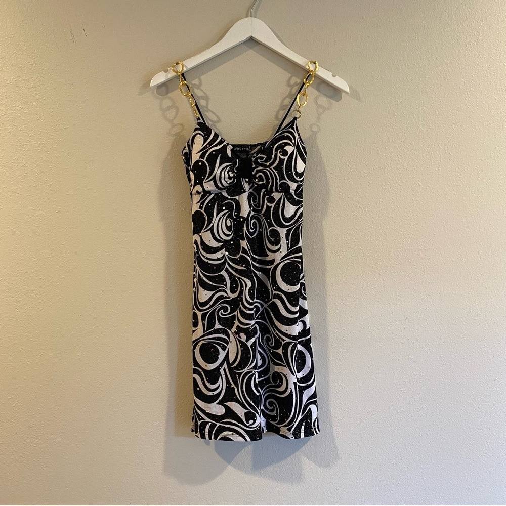 Vintage Wet Seal Y2K Mini Dress XS Gold Chain Straps Swirl Print Glitter  Bratz | eBay