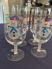 FINAL OFFER Set Of 4 Hand Painted 8” Snowman Water Goblets With 3-D Buttons.
