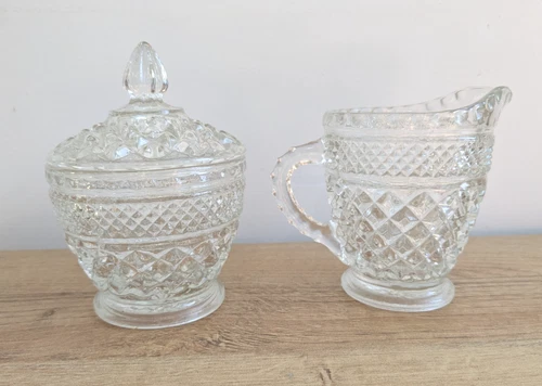 Vintage Anchor Hocking Wexford Crystal Pattern Glass Cream + Covered Sugar Set
