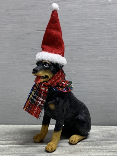 Christmas Rottweiler Resin Dog Figurine Santa Hat Scarf Holiday Decor Statue