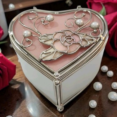 Stained Glass Heart Shaped Trinket Box Roses & Pearls Pink and Frosted White EC 