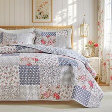 Floral Cotton Quilt Set, Neutral Flowers Grid Patchwork Design, 3 Pieces King...